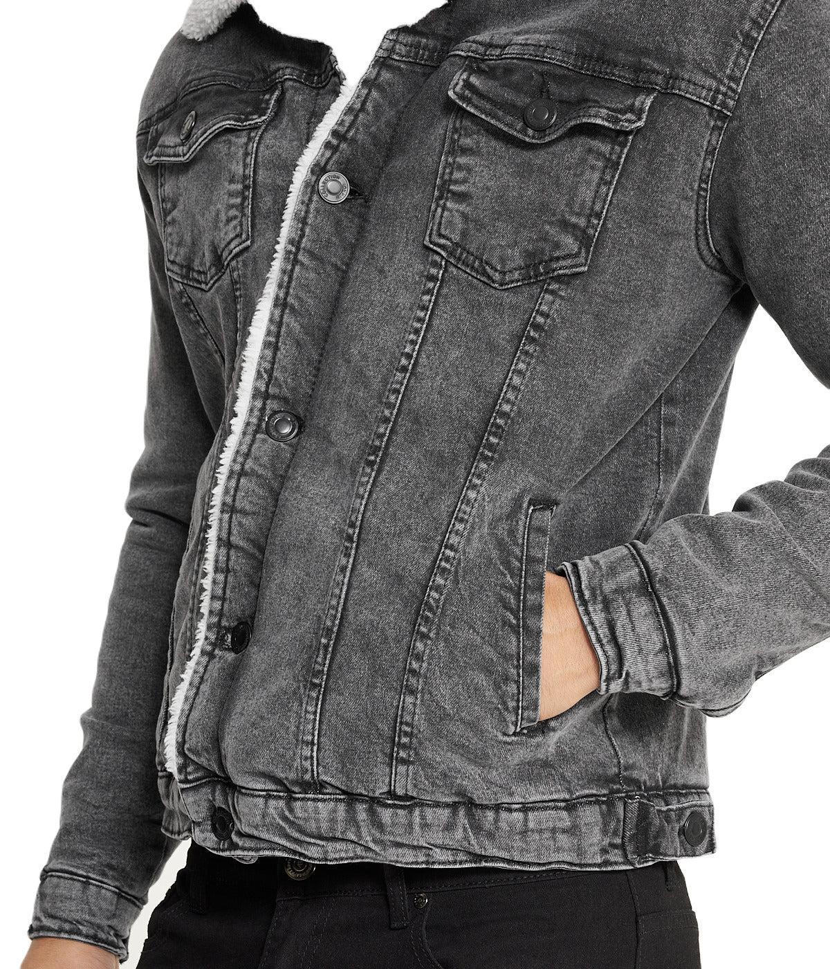 Sherpa Collar Gray Denim Jacket Product Image