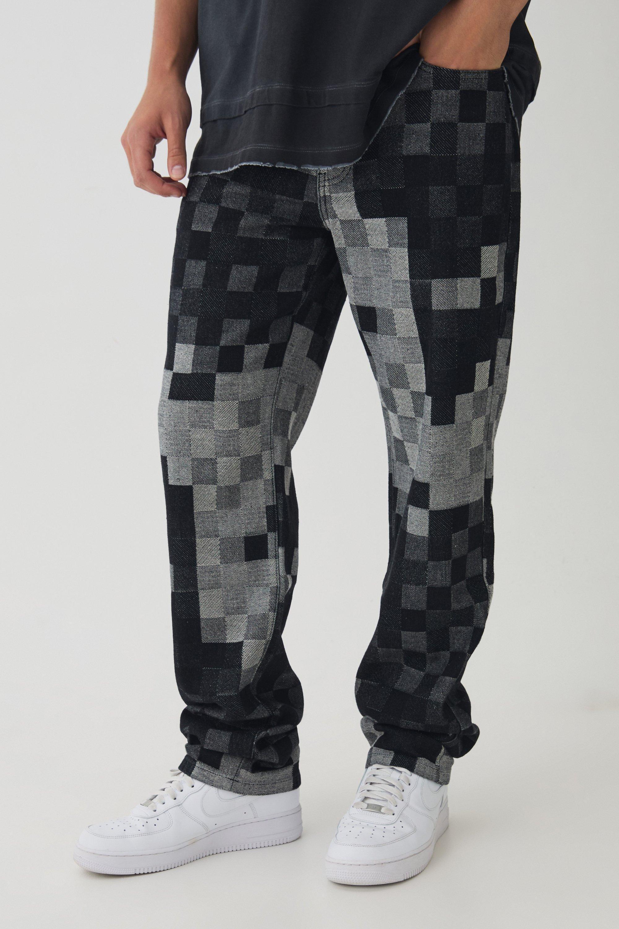 Mens Blue Relaxed Fit Checkerboard Jacquard Turn Up Hem Jeans, Blue Product Image