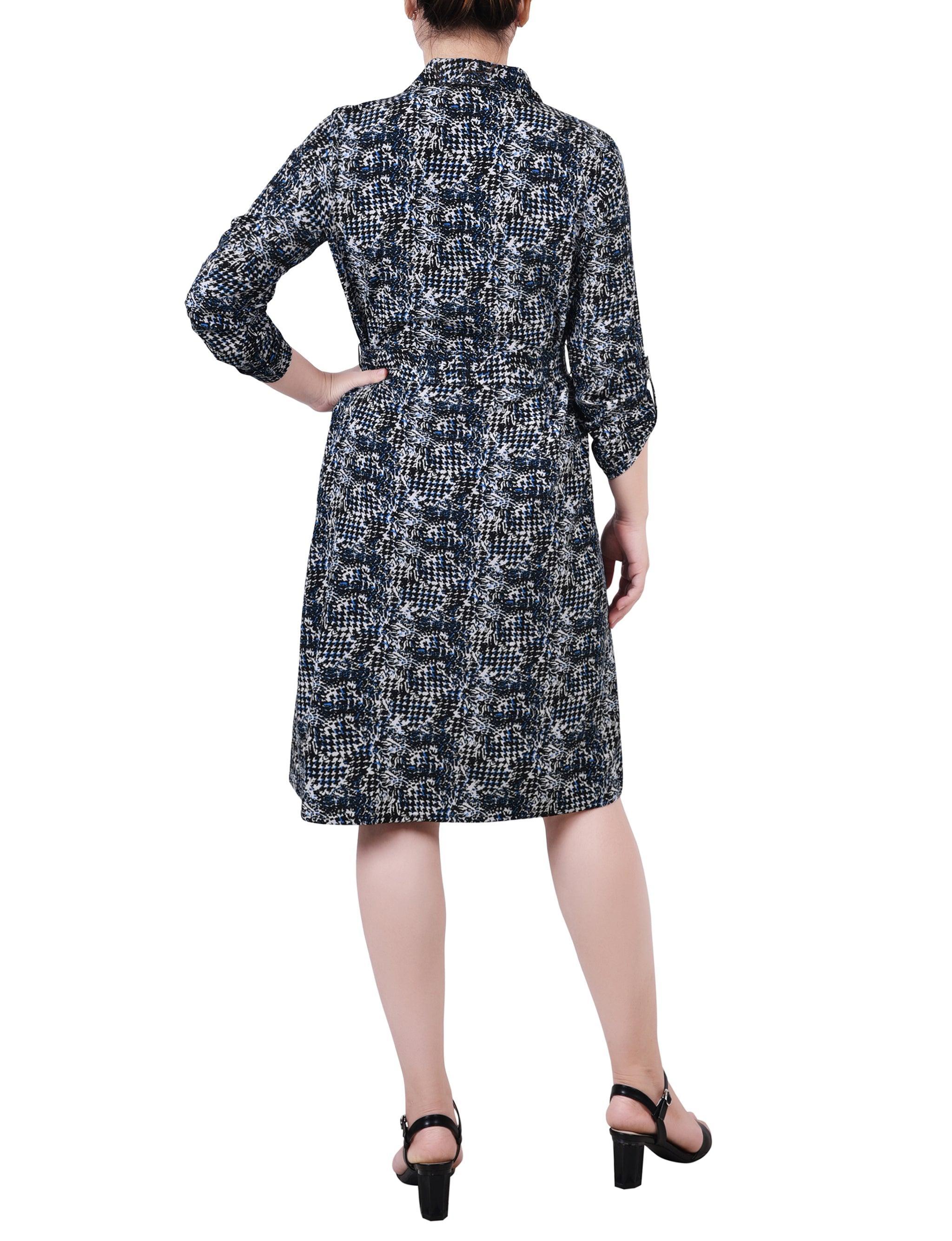 Cypress Inca Gold Navy Zigzag 3/4 Roll Tab Sleeve Belted Shirtdress - Petite Product Image