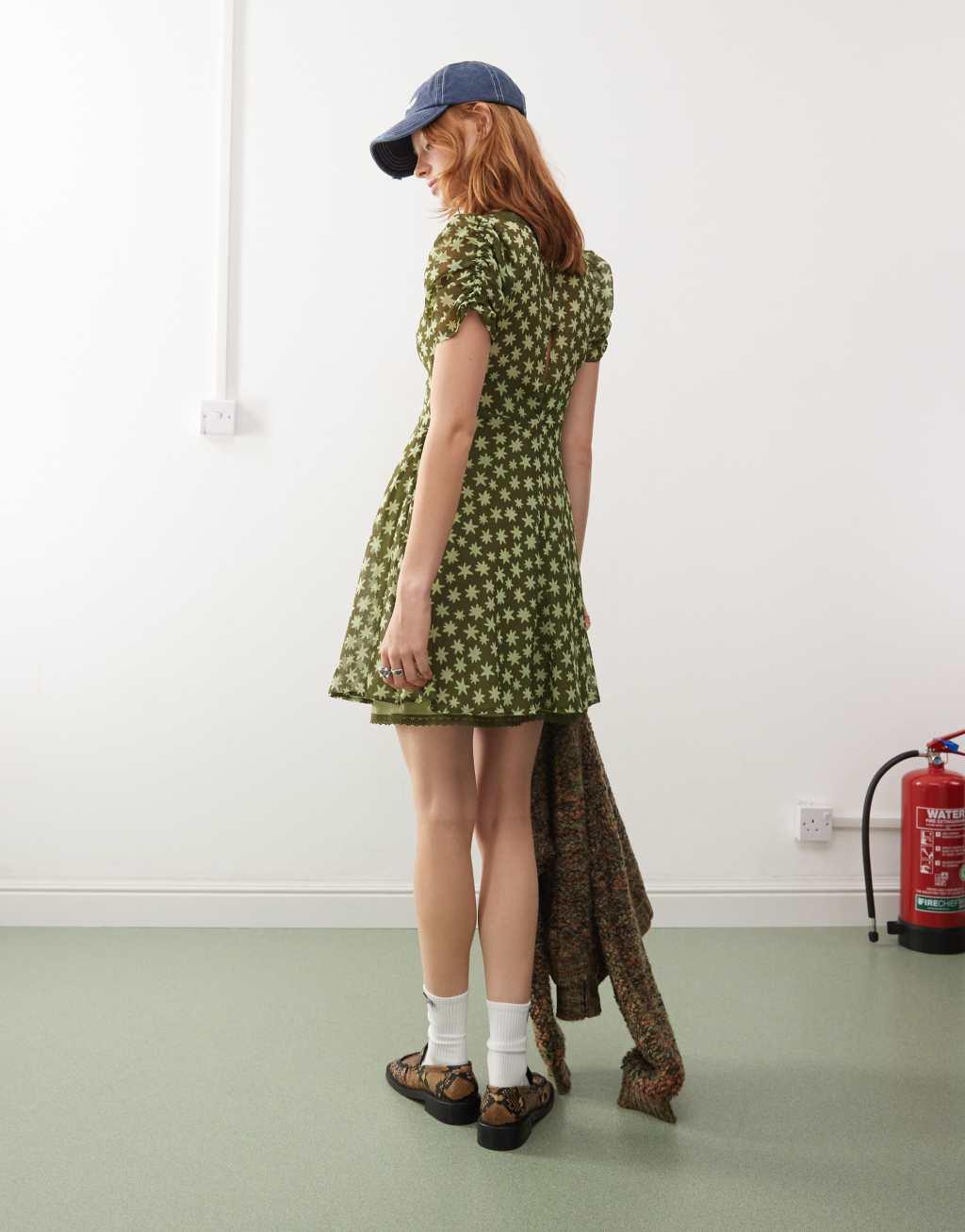 Reclaimed Vintage mini tea dress in green print Product Image