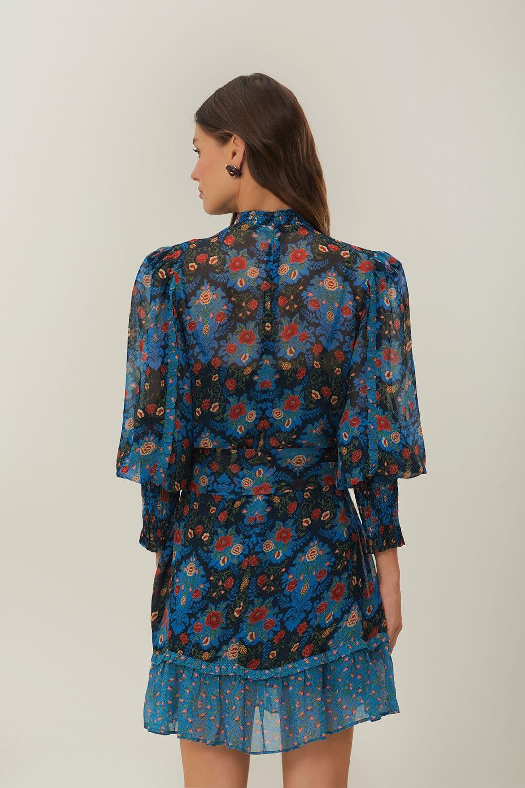 Blue Arabesque Floral High Neck Mini Dress, ARABESQUE FLORAL BLUE / M Product Image