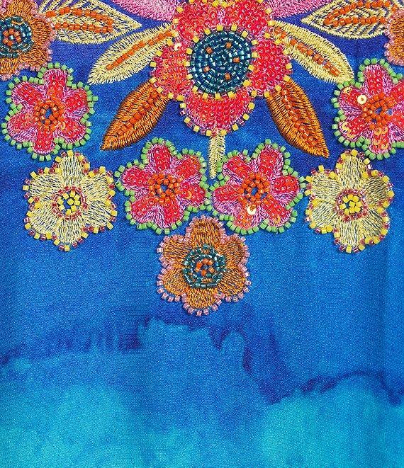 John Mark Embroidered Stripe Watercolor Print Split V-Neck 3/4 Sleeve Hi-Low Hem Tunic Product Image