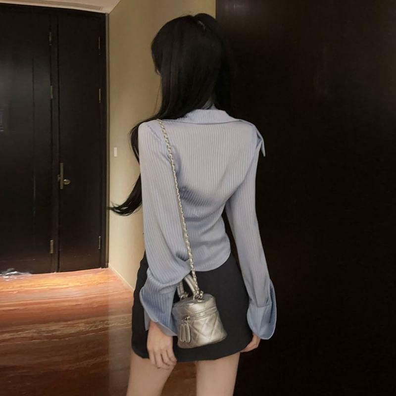 Long Sleeve V-Neck Collared Striped Shirt / High Waist Plain Mini Pencil Skirt Product Image