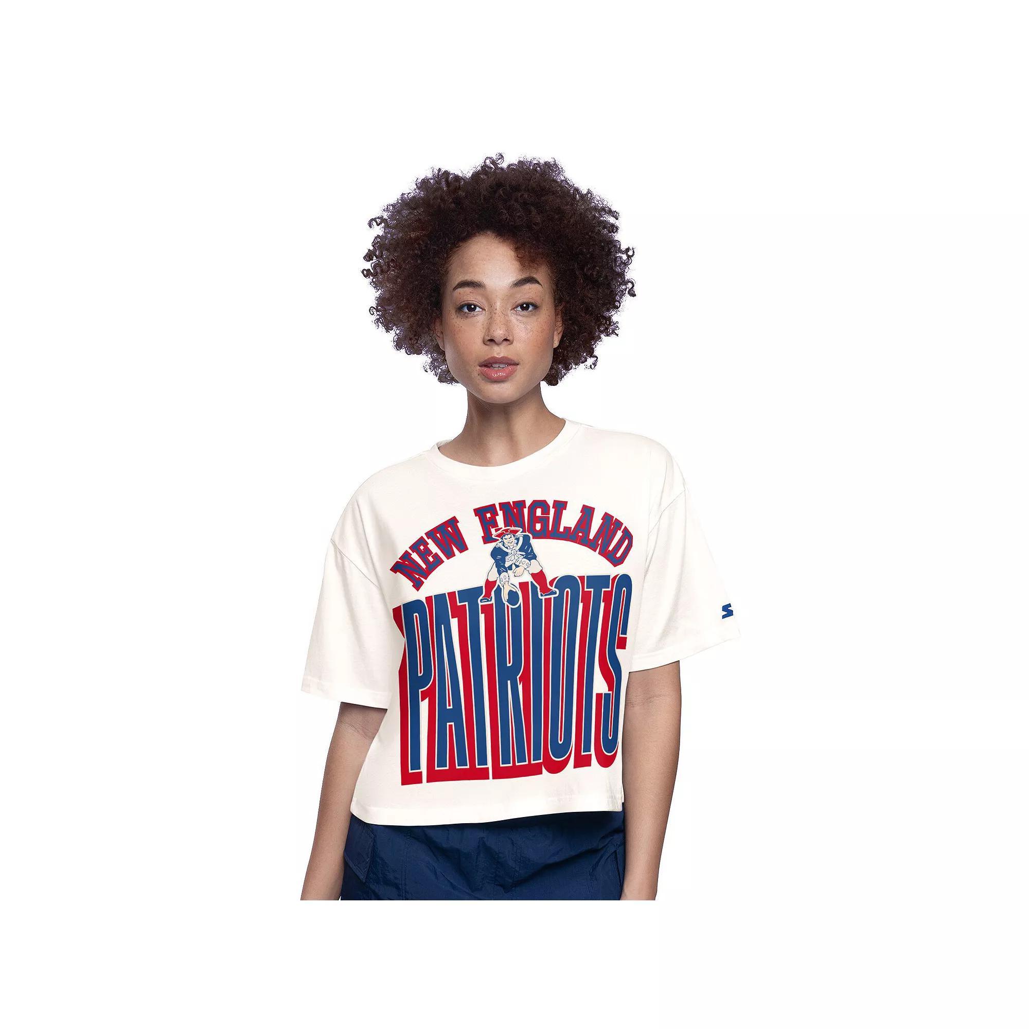 Women's Starter  White New England Patriots Throwback Play the Ball Boxy Cropped T-Shirt, Size: Medium Product Image