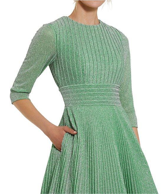Mac Duggal Shimmer Georgette Crew Neck 3/4 Sleeve Pleated A-Line Gown Product Image