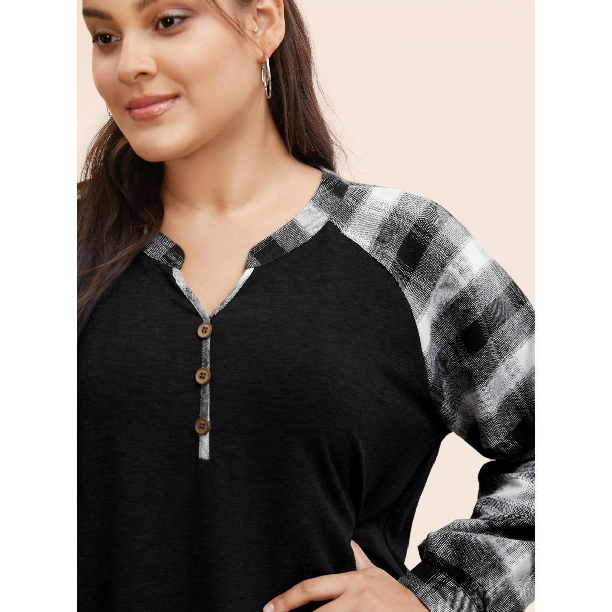 Plus Size Plaid Patchwork Notched Button Detail Sweatshirt Women Black Leisure Patchwork Notched collar Casual Sweatshirts BloomChic 18-20/2X Product Image