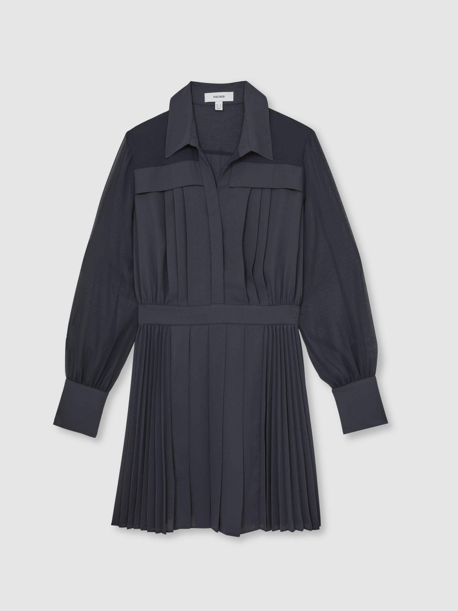 Pleated Sheer-Sleeve Mini Dress in Navy Product Image
