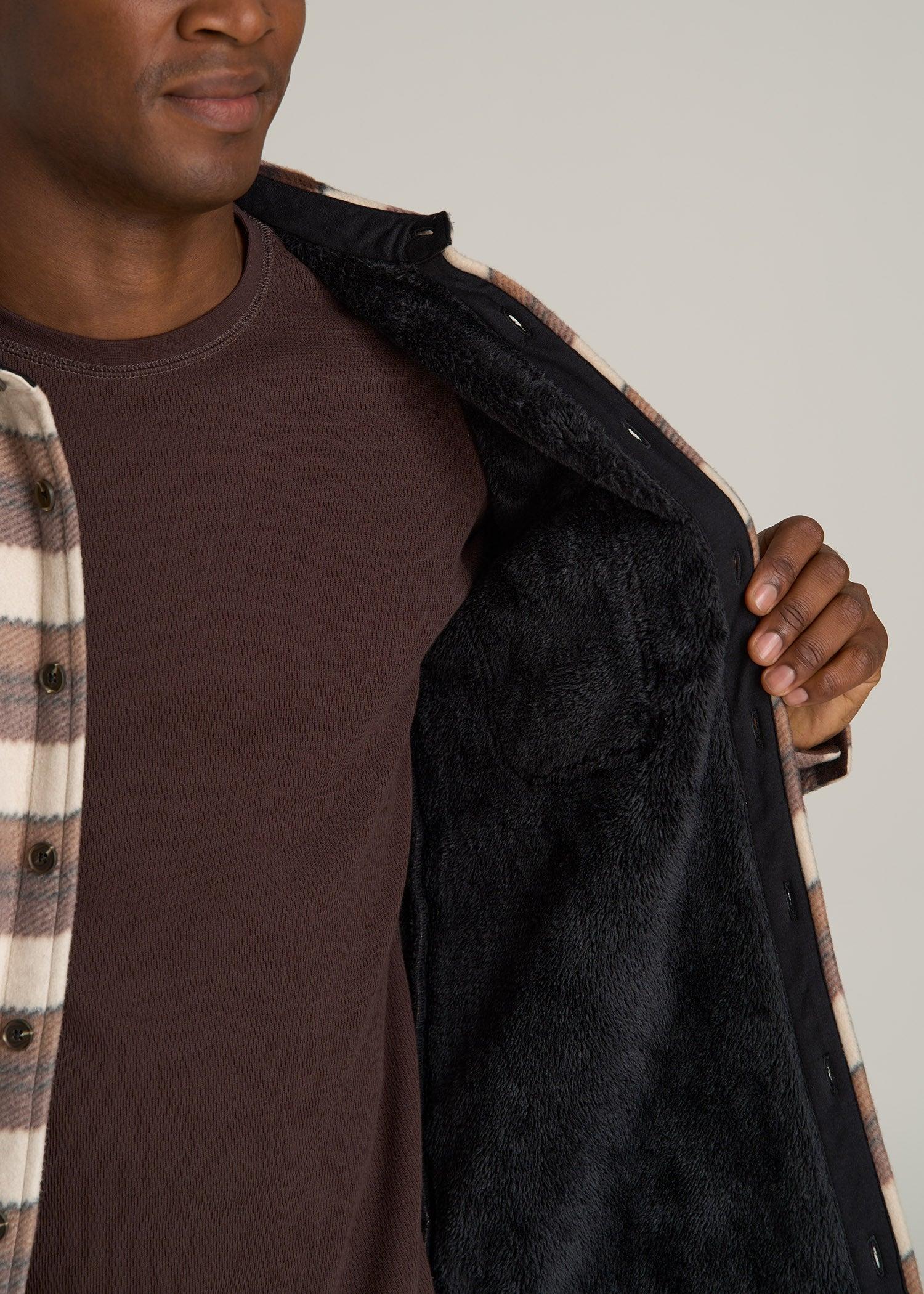 Sherpa-Lined Fleece Overshirt for Tall Men in Beige Tartan Product Image