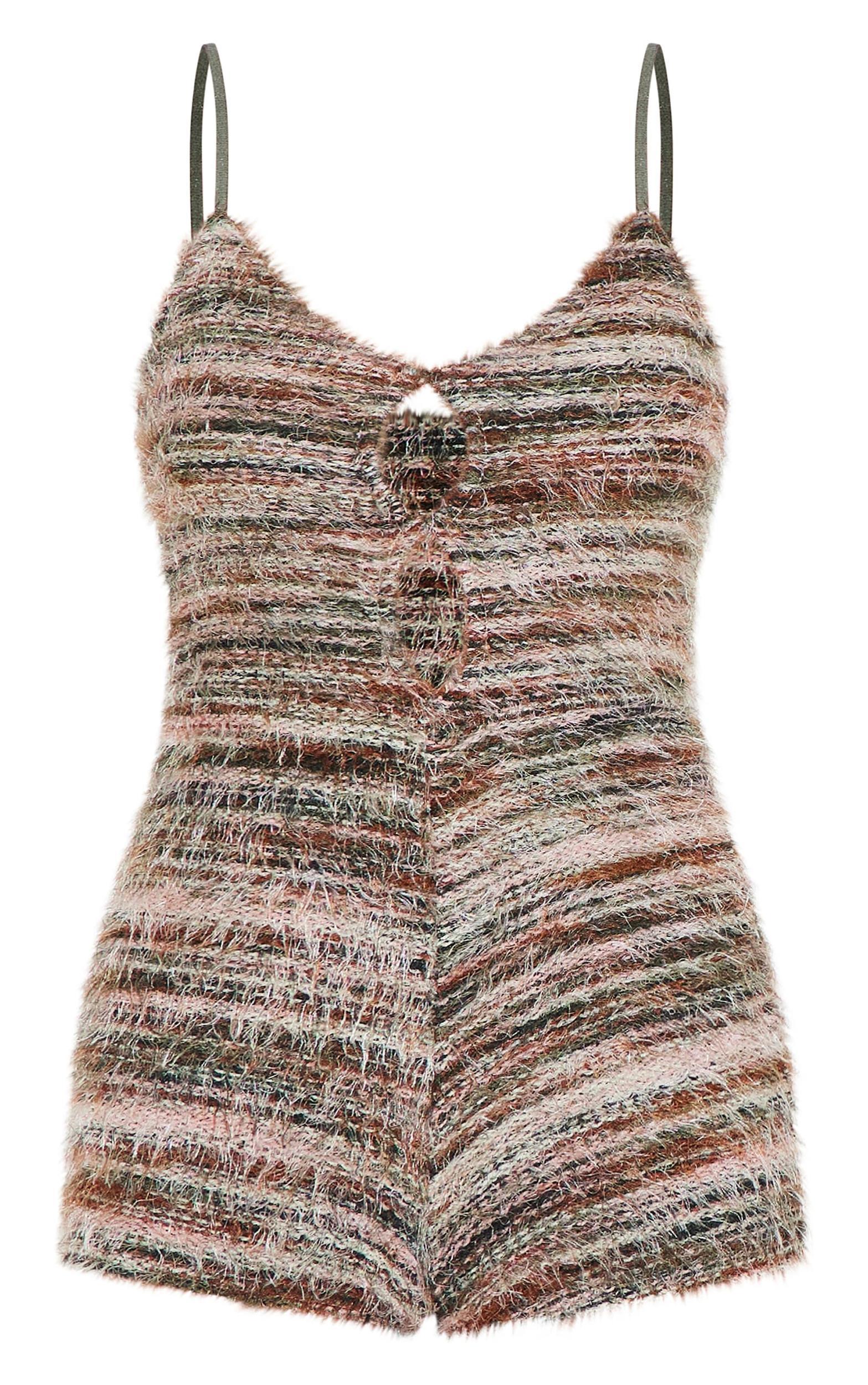 Green Stripe Eyelash Textured Keyhole Detail Romper Product Image