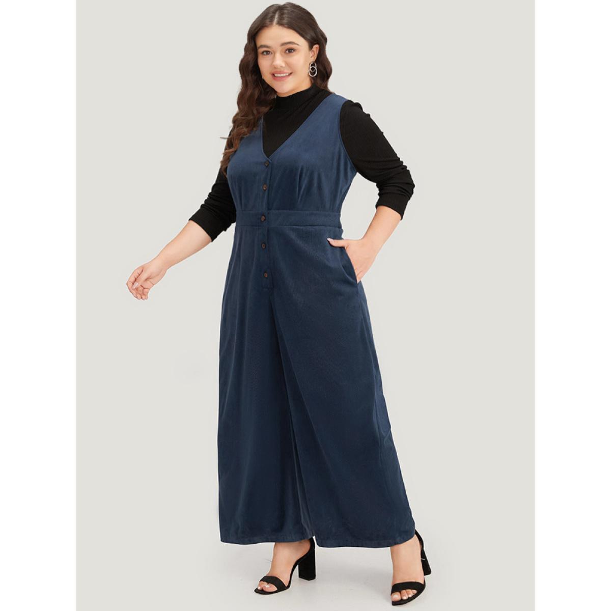 Plus Size DarkBlue Solid Button Through Pocket Tank Jumpsuit Women Elegant Sleeveless V-neck Dailywear Loose Jumpsuits BloomChic 14-16/1X Product Image