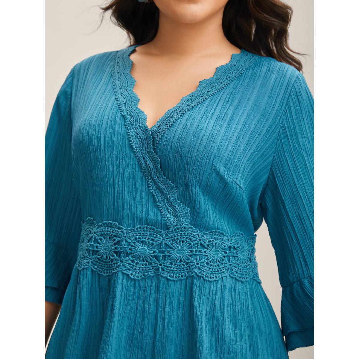 Plus Size Scalloped Lace Surplice Ruffled Midi Dress Teal Women Boho Overlap Collar Elbow-length sleeve Curvy BloomChic 10/M Product Image
