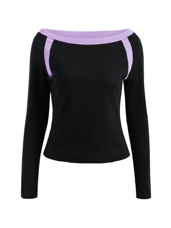 Contrast Color Off Shoulder Long Sleeve Tee Product Image