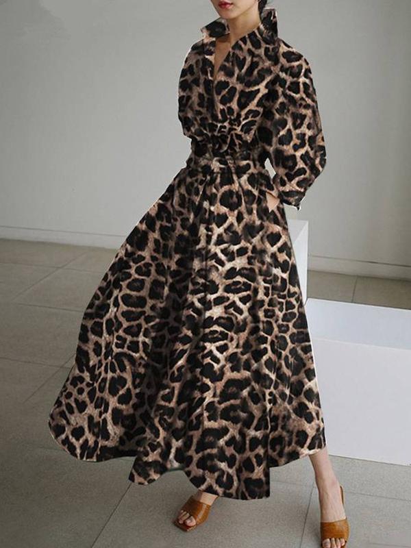 High Waisted Long Sleeves Buttoned Leopard Lapel Maxi Dresses Product Image