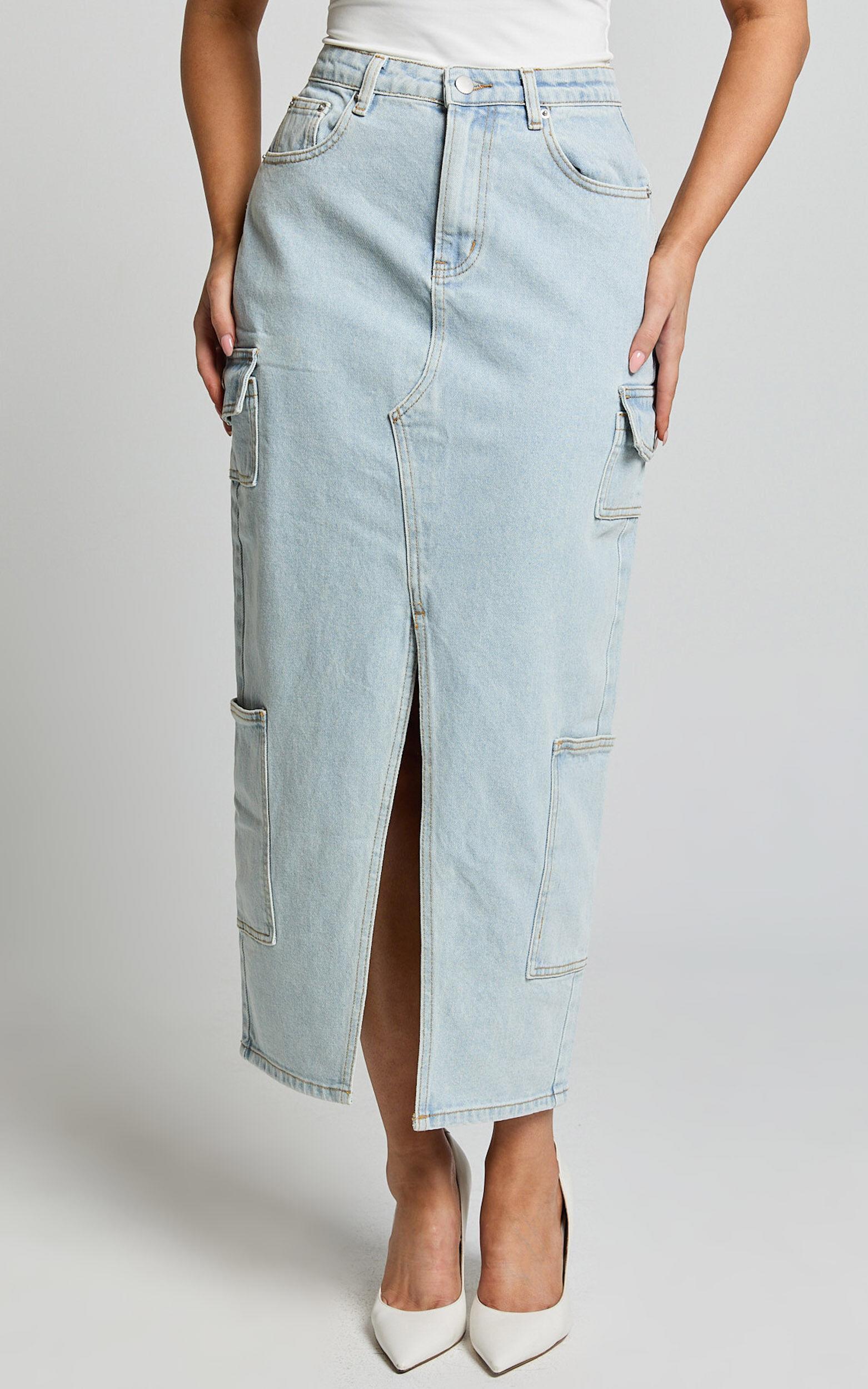 Sylvia Midi Skirt - Utility Pockets Denim Skirt in Light Blue Wash Product Image