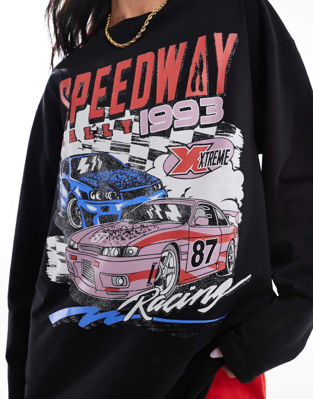 ASOS DESIGN long sleeve skater top with car graphic in black Product Image