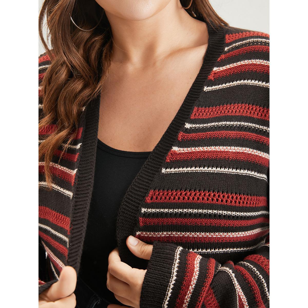 Plus Size Striped Contrast Pointelle Knit Pocket Open Front Long Cardigan Multicolor Women Casual Loose Long Sleeve Dailywear Cardigans BloomChic 18-20/2X Product Image