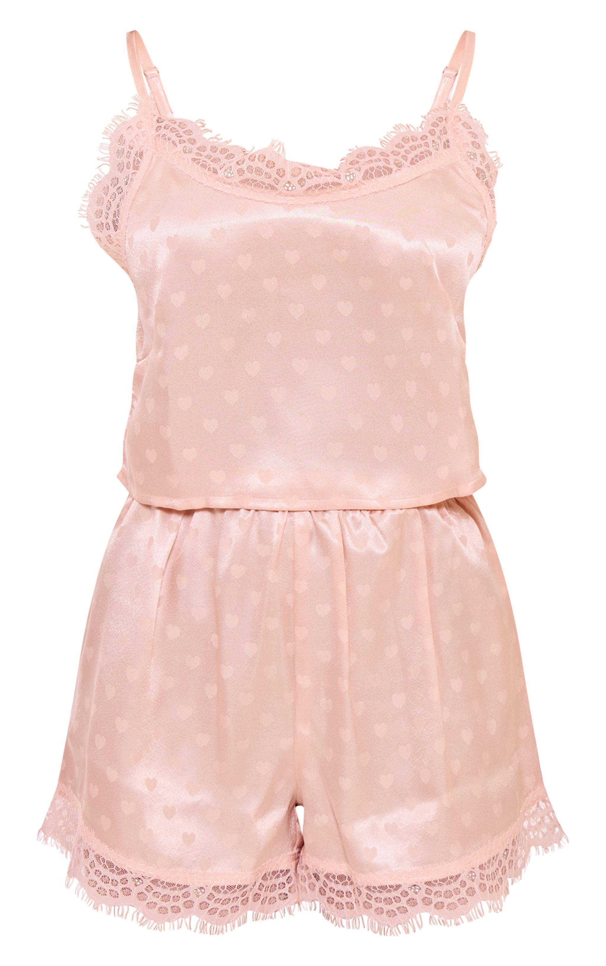 Pink Satin Jacquard Lace Trim Cami And Short Pj Set Product Image