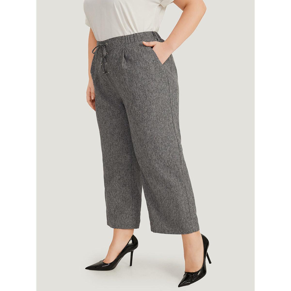 Plus Size Plain Lace Up Pleated Straight Leg Pants Women Gray Office Straight Leg High Rise Work Pants BloomChic 14-16/1X Product Image