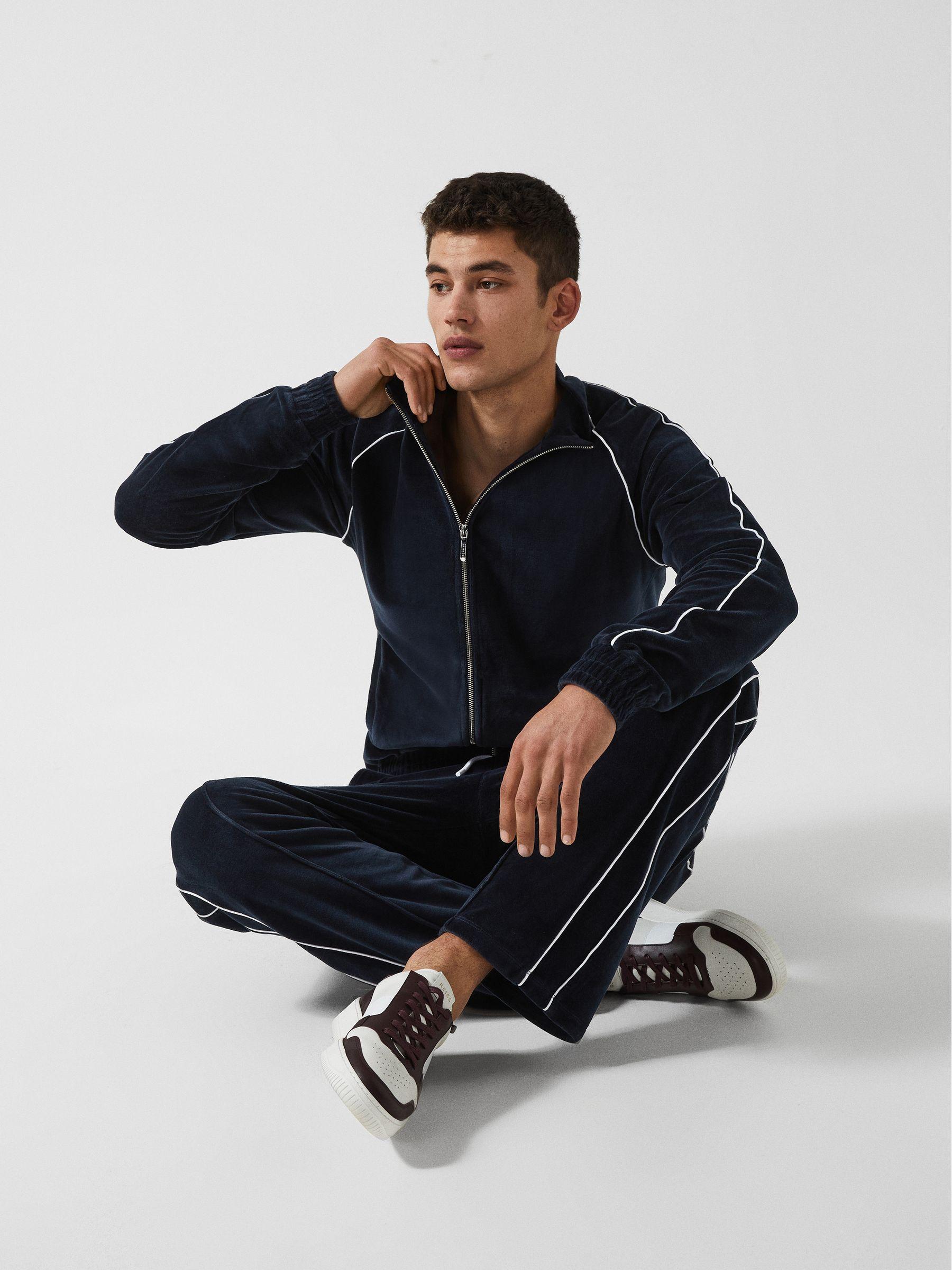 Velour Zip Through Jacket With Piping in Navy Product Image