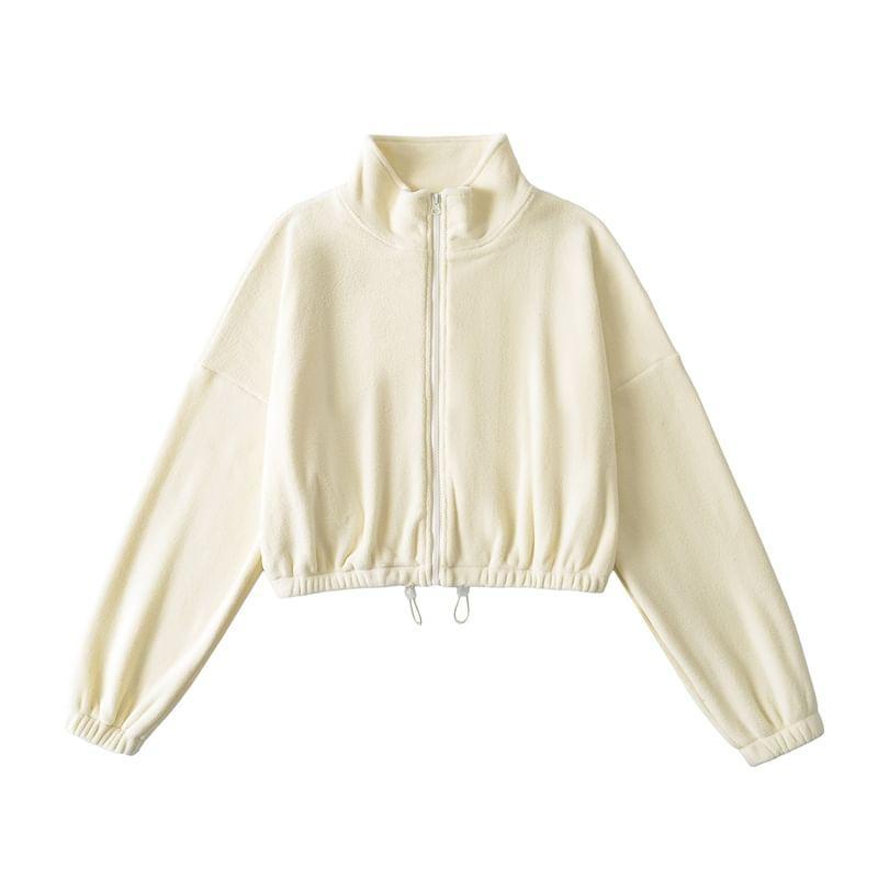 Stand Collar Plain Zip Up Fleece Jacket Product Image