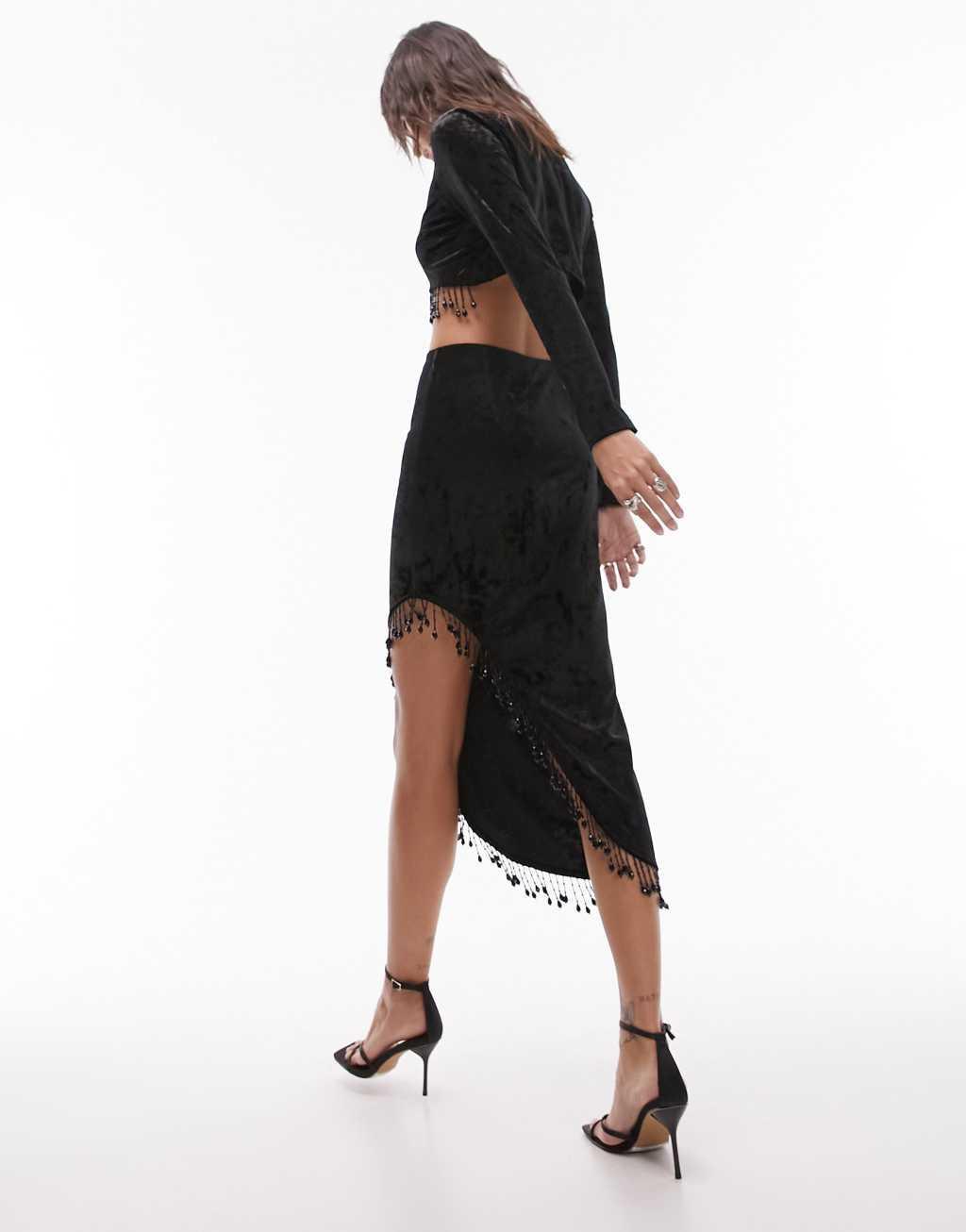 Topshop velvet embellished tassel skirt in black - part of a set Product Image