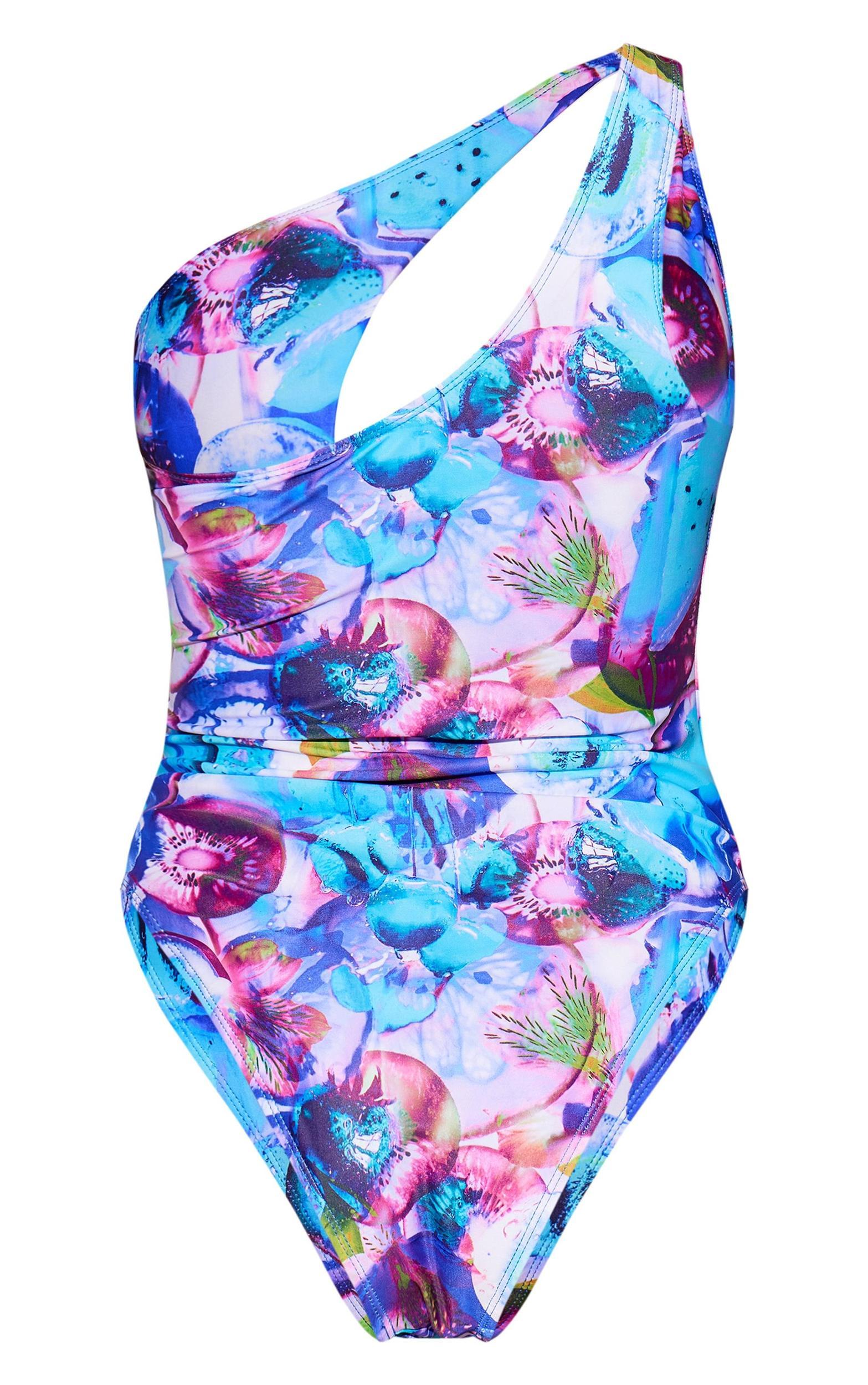 Blue Blurred Fruit Print One Shoulder Cut Out Swimsuit Product Image