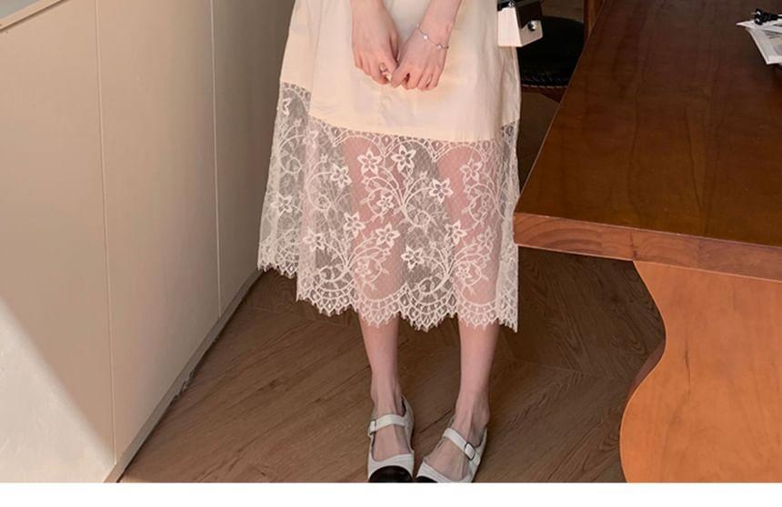 Maternity Short-Sleeve Round Neck Plain Lace Panel Midi A-Line Dress Product Image