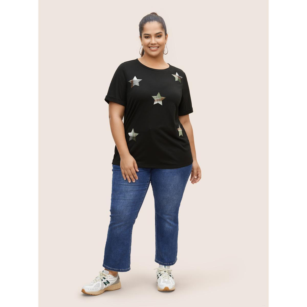 Plus Size Star Embroidered Patch Round Neck T-shirt Black Women Casual Contrast Star and moon Round Neck Everyday T-shirts BloomChic 18-20/2X Product Image