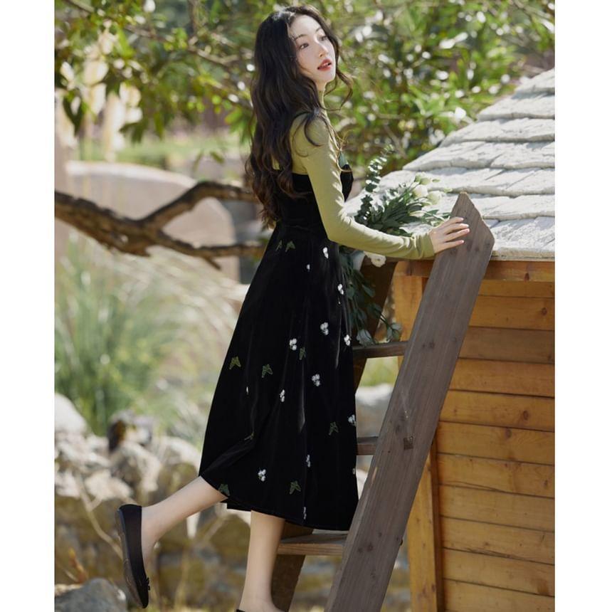 Long-Sleeve Turtleneck Plain Knit Top / Spaghetti Strap Butterfly Embroidered Velvet Midi A-Line Dress / Set Product Image