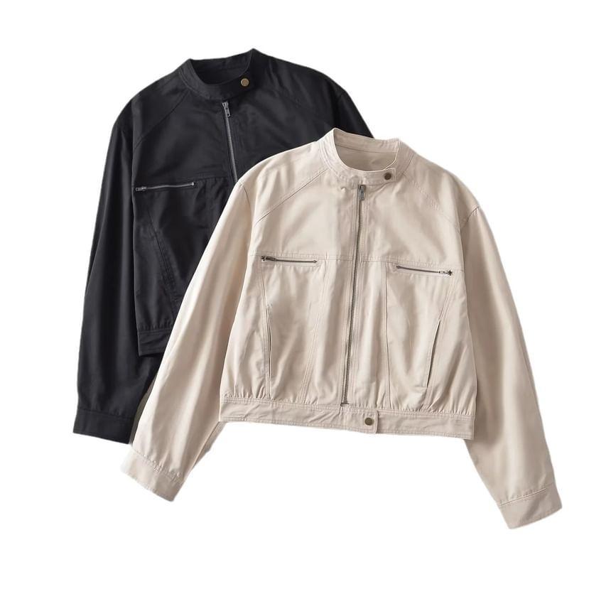 Band Collar Plain Panel Zip Jacket Product Image