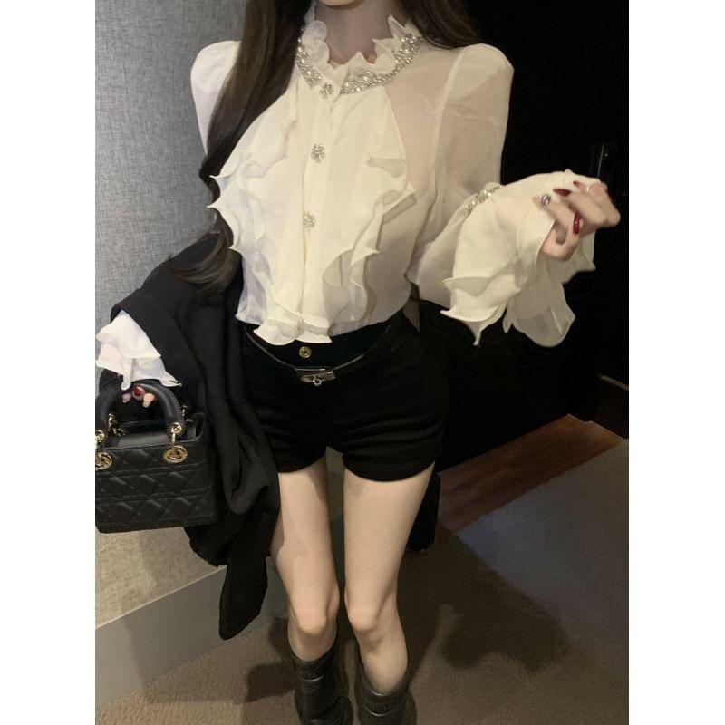 Long-Sleeve Stand Collar Rhinestone Accent Ruffle Trim Blouse / High Waist Plain Hot Pants Product Image