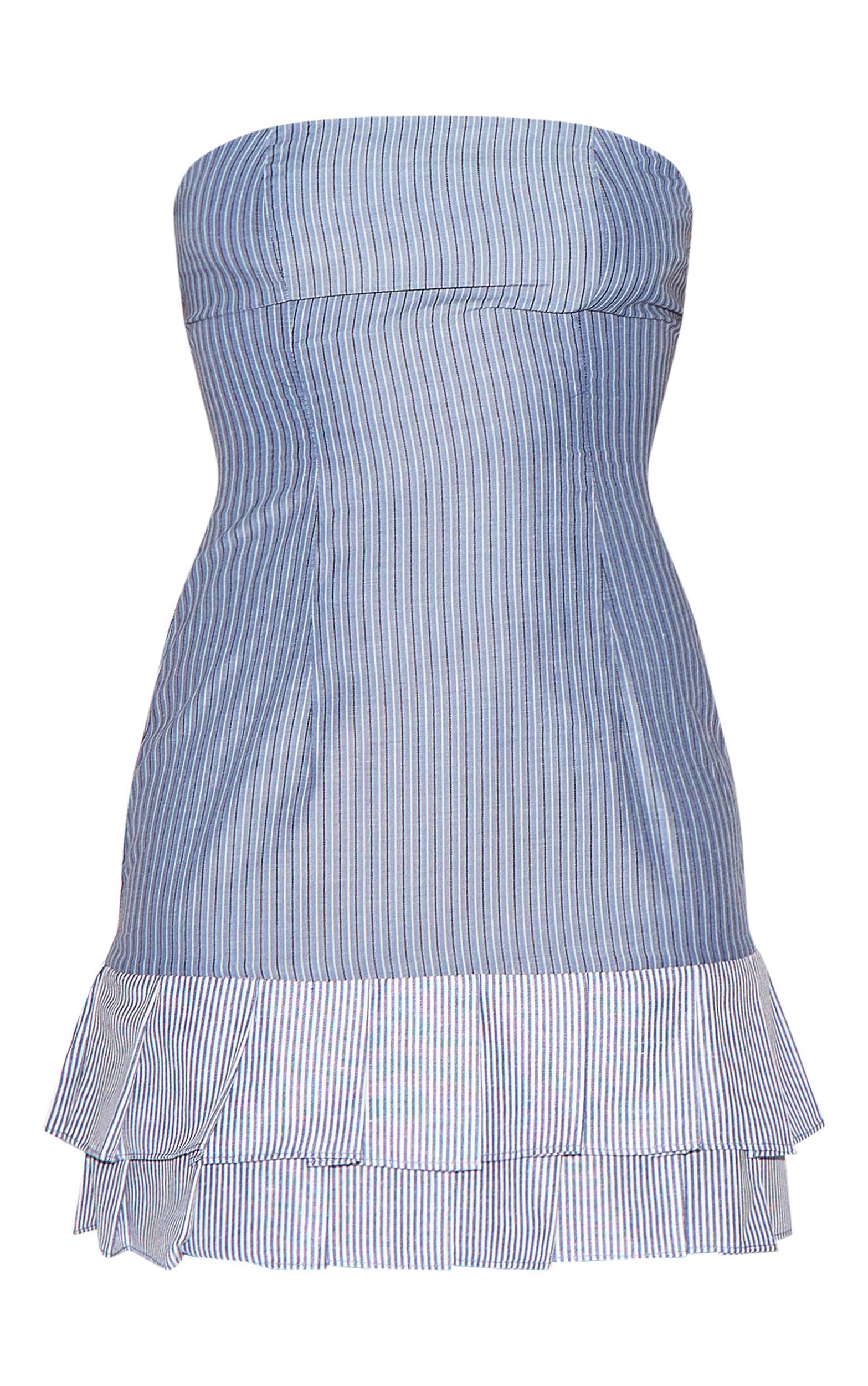 Blue Contrast Pinstripe Bandeau Shift Dress Product Image