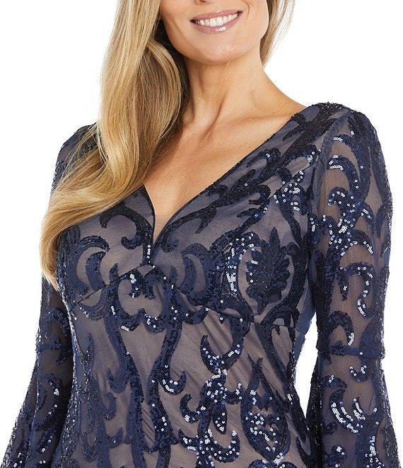 R & M Richards Sequin V-Neck 3/4 Sheer Illusion Bell Sleeve Sheath Dress Product Image