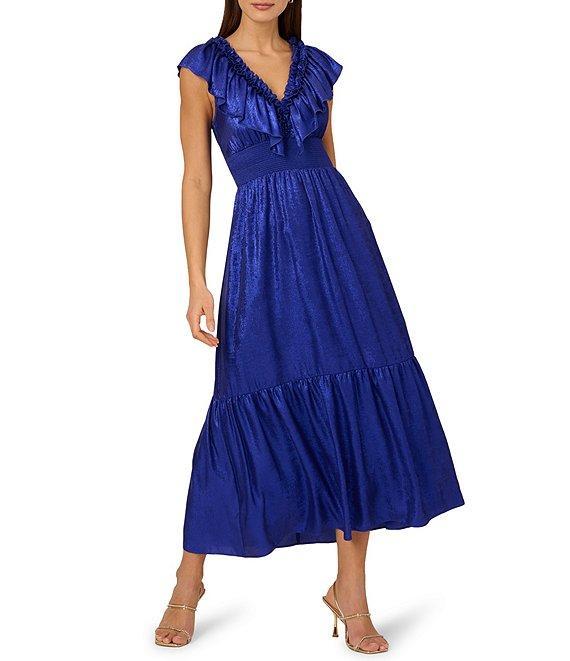 Adrianna by Adrianna Papell Foiled Chiffon V-Neck Cap Sleeve Ruffle A-Line Midi Dress Product Image
