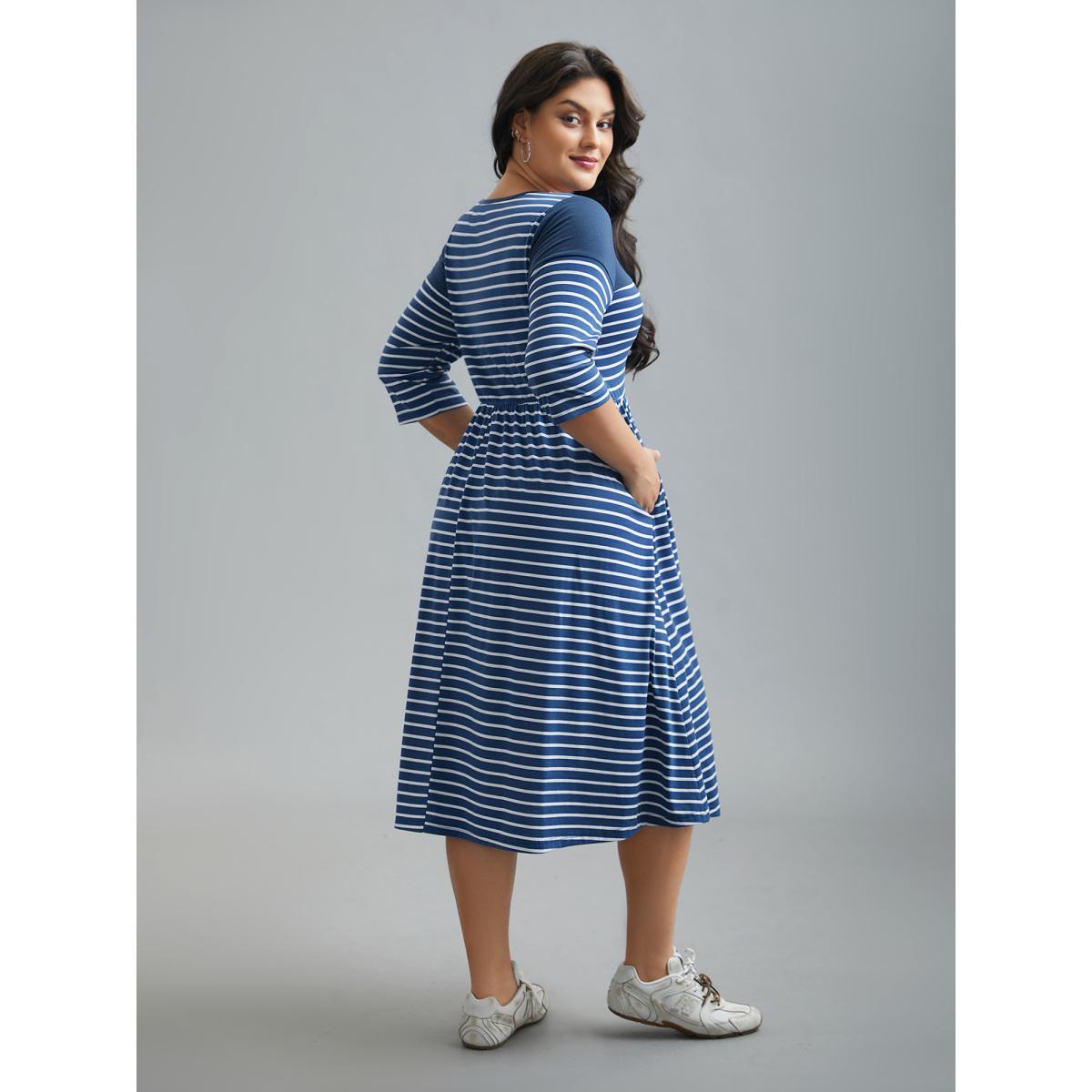 Plus Size Colorblock Striped Waist-Cinched Midi Dress DarkBlue Women Casual Patchwork Knit Dresses Bloomchic 18-20/2X Product Image
