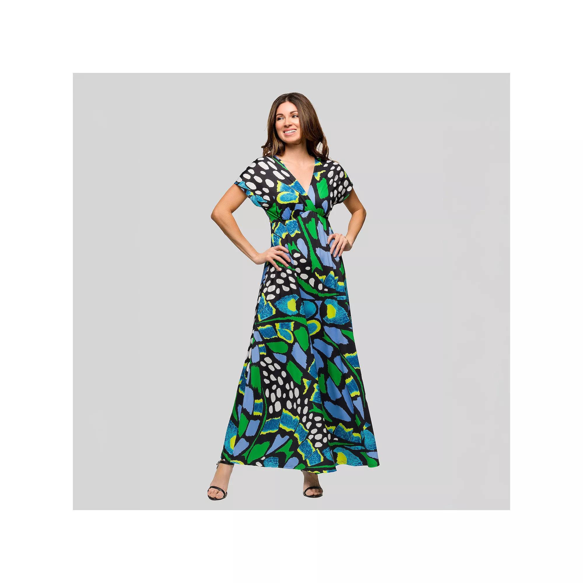 Women's 24Seven Comfort Apparel V-Neck Empire Waist Cap Sleeve Maxi Dress,  Product Image