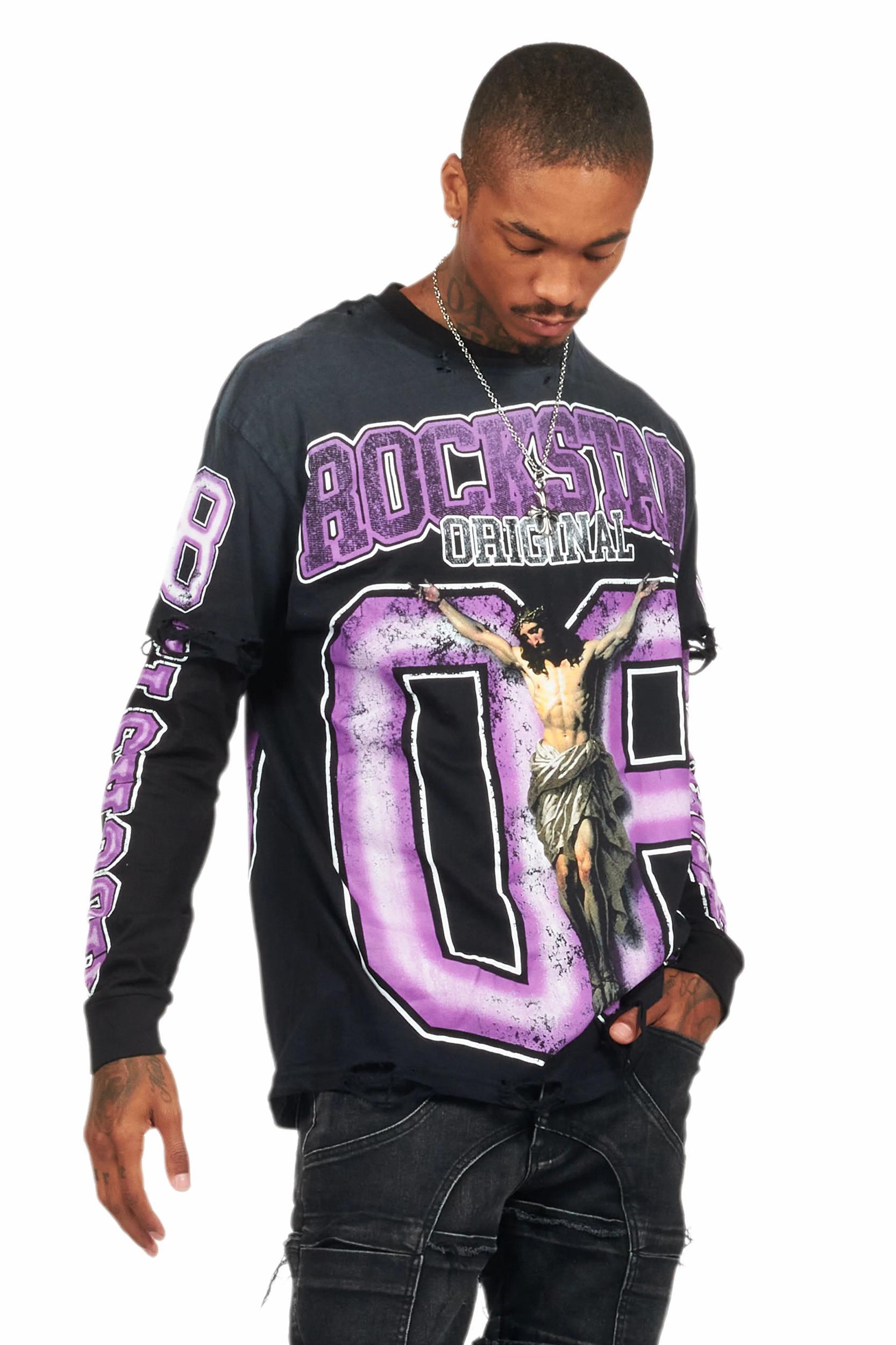 Fields Black/Purple Double Layer Long Sleeve Graphic T-Shirt Male Product Image