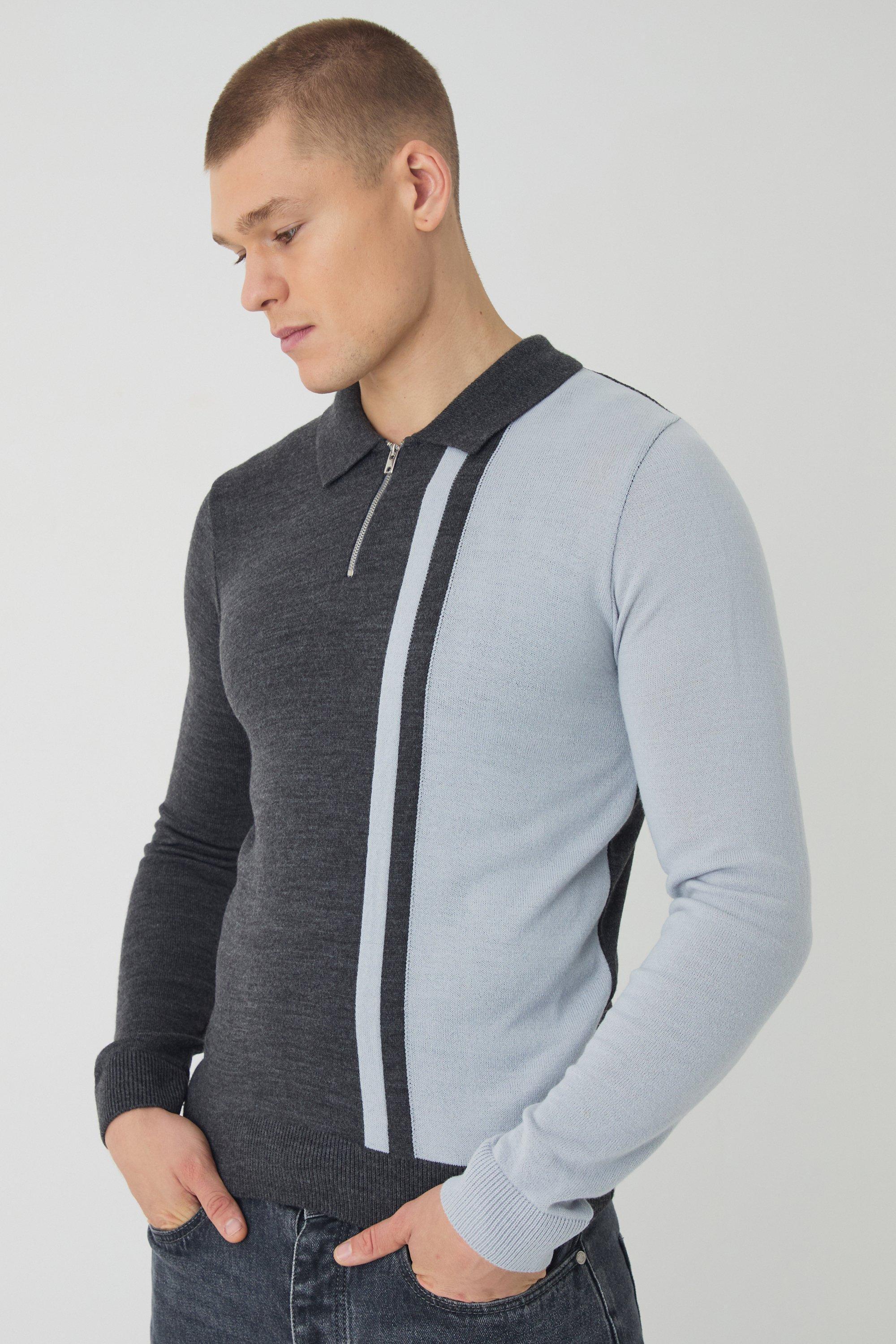 Long Sleeve Muscle Fit Colour Block Knit Polo | boohooMAN USA Product Image