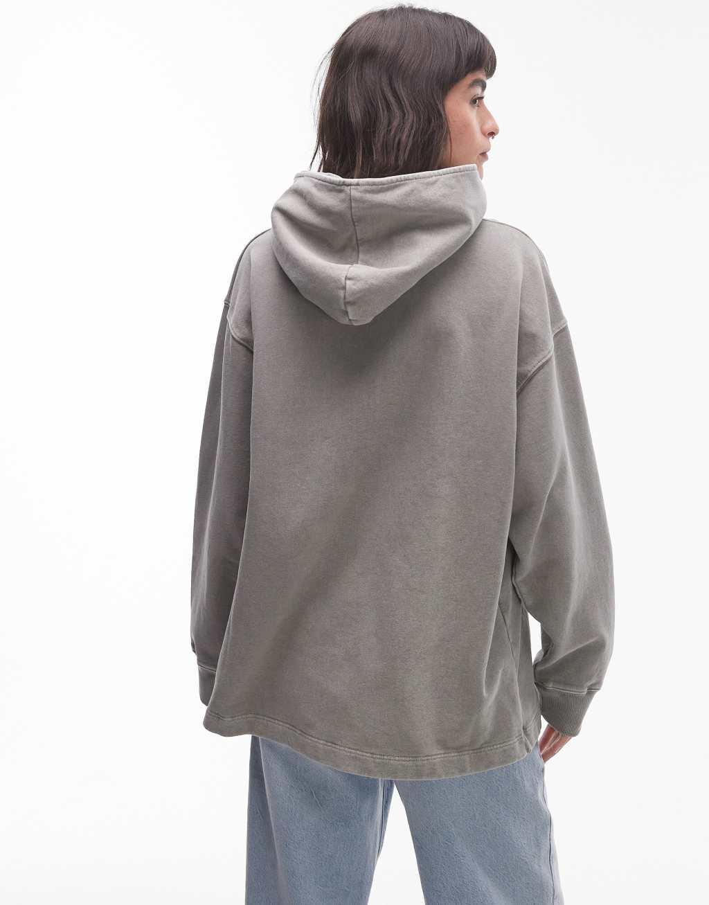 Topshop acid wash dropped shoulder hoodie in washed khaki Product Image