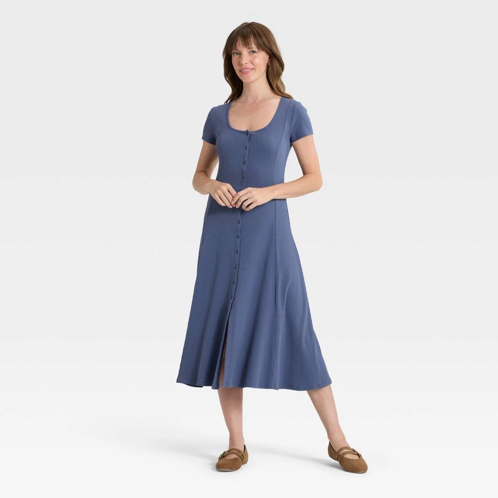 Women's Short Sleeve Knit Button-Front Midi A-Line Dress - Universal Thread™ Blue 4X Product Image