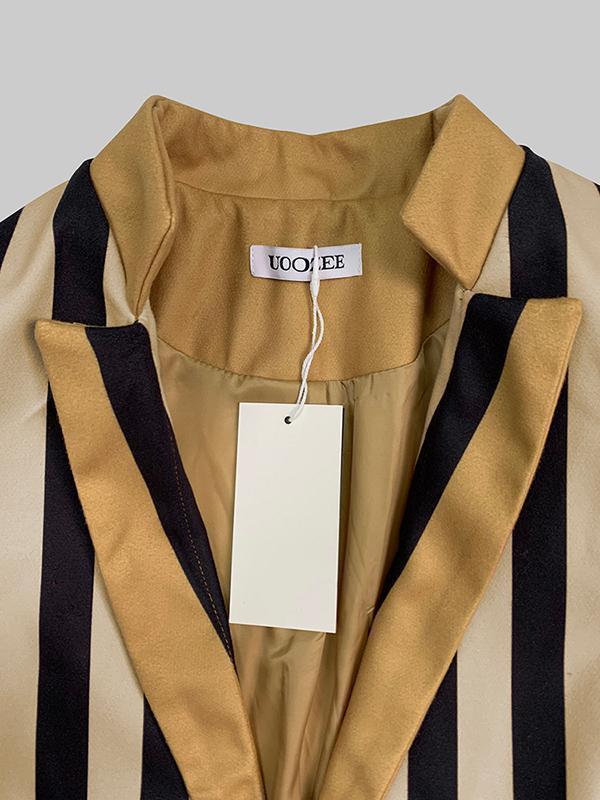 Long Sleeves Loose Buttoned Split-Joint Striped Stand Collar Woolen Coat Product Image