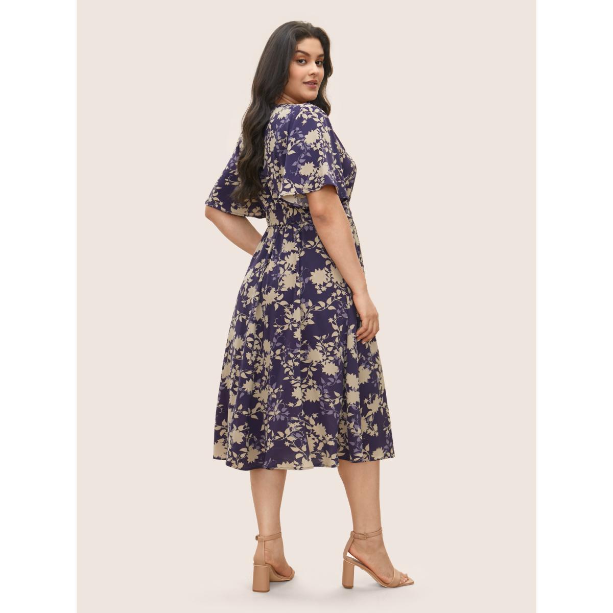 Plus Size Floral Print Overlap Collar Belted Flutter Sleeve Dress Blackcurrant Women Elegant Overlapping Overlap Collar Short sleeve Curvy Midi Dress BloomChic 18-20/2X Product Image