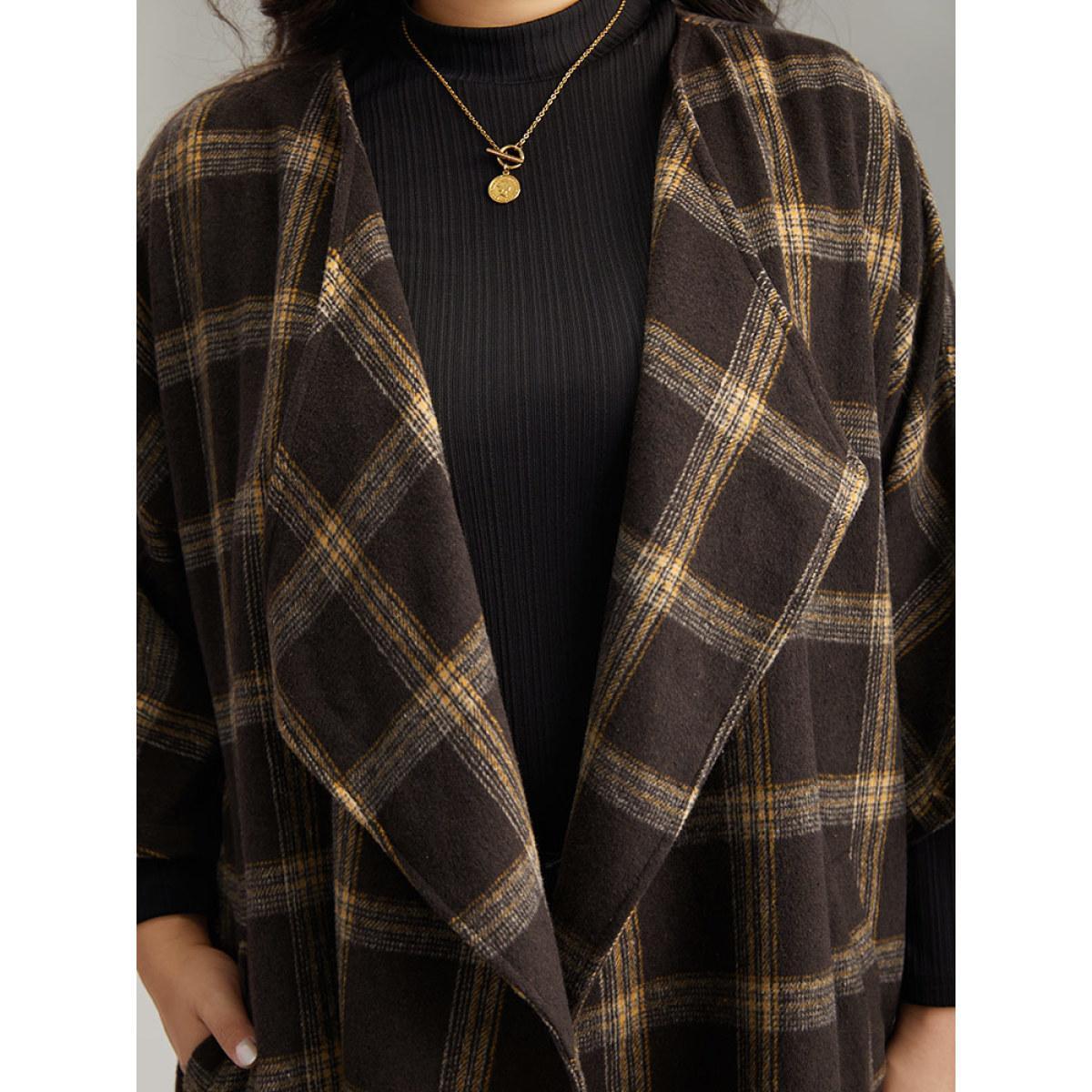 Plus Size Plaid Asymmetrical Neck Dolman Sleeve Belted Coat Women DarkBrown Elegant Belted Ladies Dailywear Winter Coats BloomChic 10/M Product Image