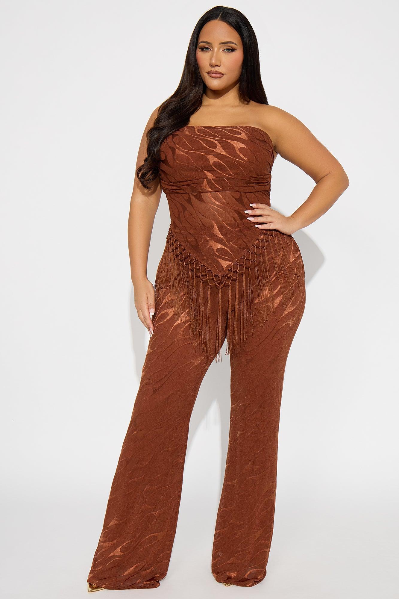 Pia Fringe Tube Top Flare Pant Set - Rust Product Image