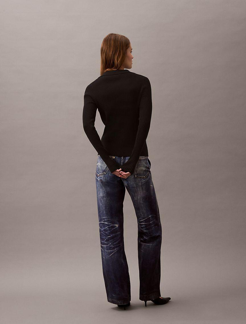 Smooth Cotton Rib Long Sleeve Polo Sweater Product Image