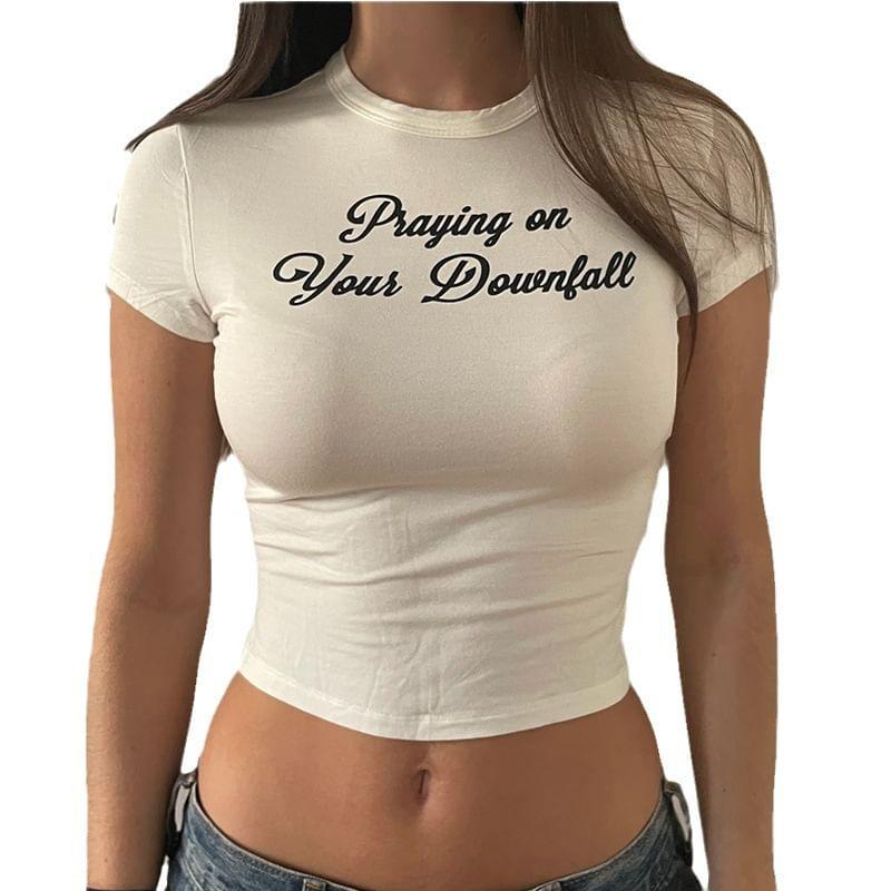 Short Sleeve Crew Neck Lettering Print Crop Tee Product Image