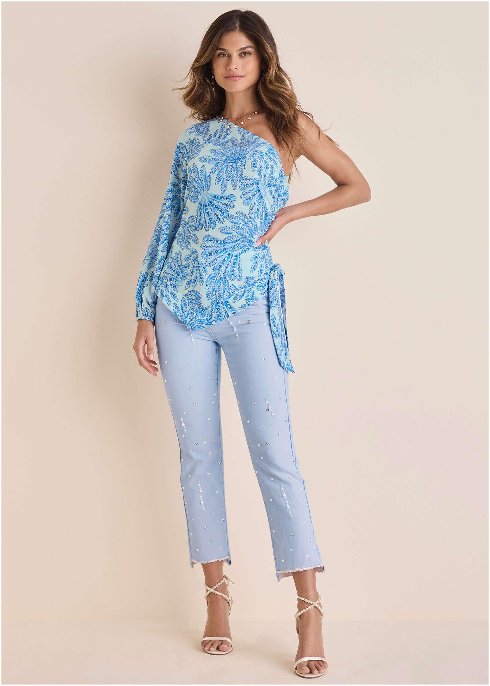 Printed One Shoulder Top  - Blue Fans Product Image