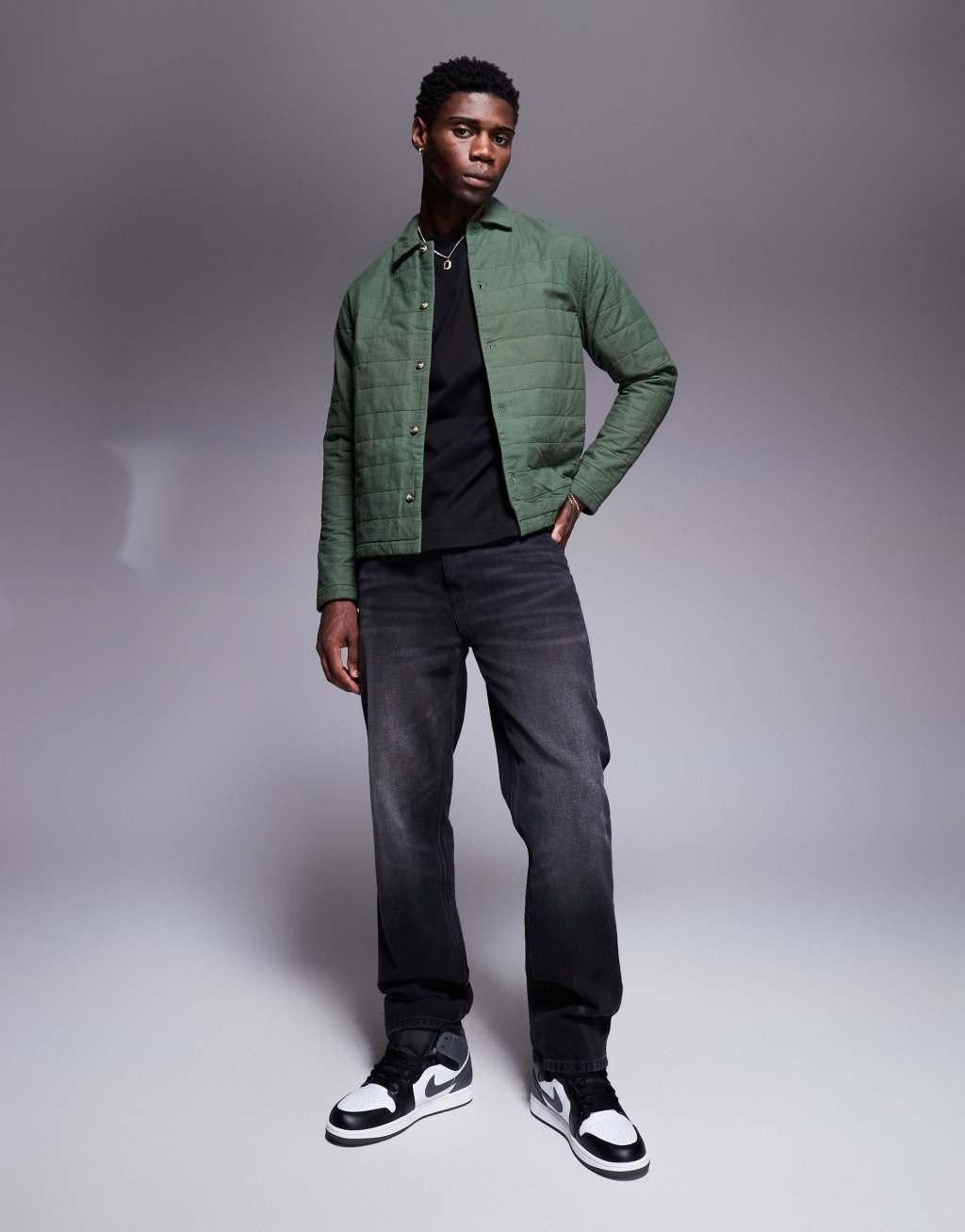 ASOS DESIGN boxy quilted overshirt with camp collar in green  Product Image