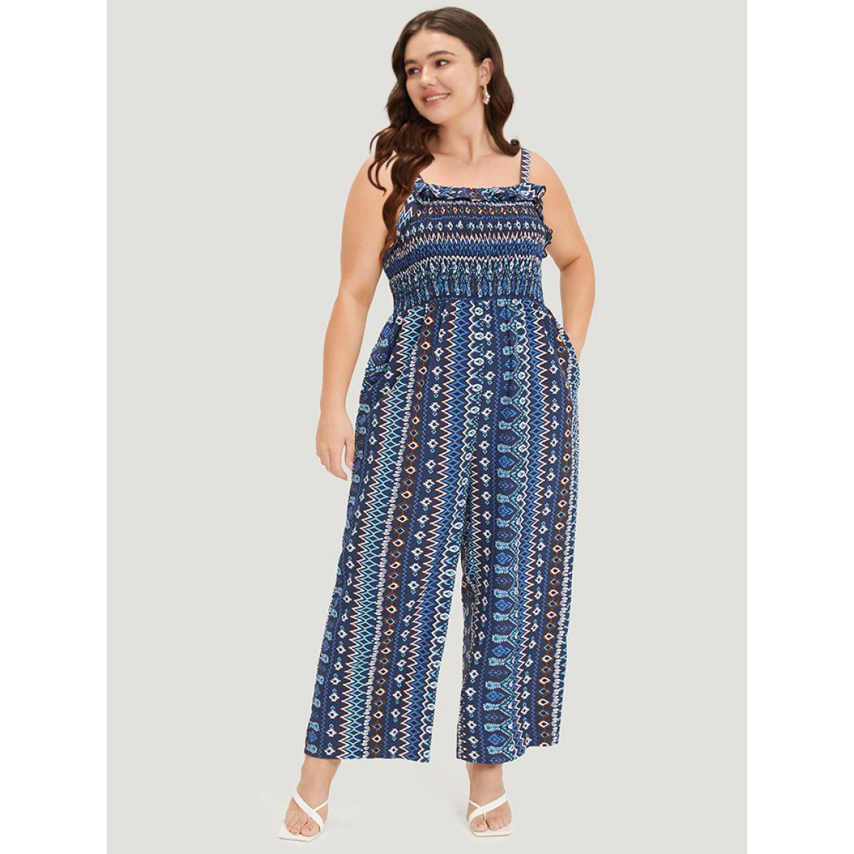 Plus Size DarkBlue Boho Print Shirred Pocket Elastic Wais Ruffle Trim Cami Jumpsuit Women Elegant Sleeveless Spaghetti Strap Dailywear Loose Jumpsuits BloomChic 14-16/1X Product Image