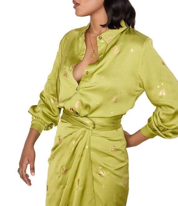Never Fully Dressed Gabbie Lime Hearts Satin Point Collar Neck Long Sleeve Button Front Top Product Image